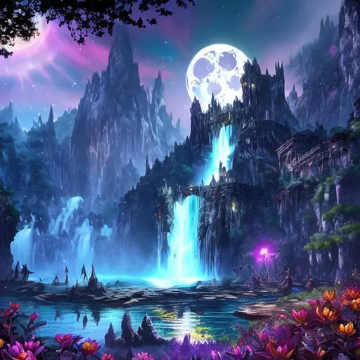 Prompt: Epic beautiful waterfall next to a large pond surrounded by bright colorful flowers at night under a full moon at night dungeons and dragons style 