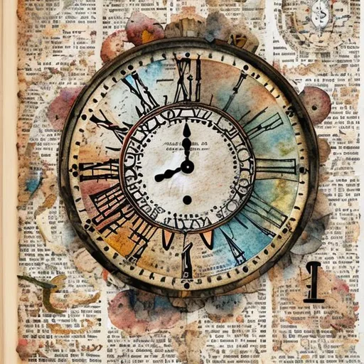 Prompt: Layers of clock faces, vintage book pages, and wisdom-related symbols are collaged together, complemented by soft watercolor washes, evoking a sense of intellectual depth and the passage of time.