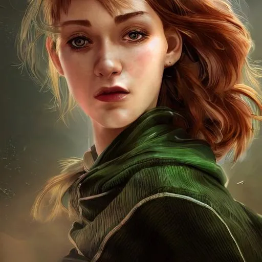 Prompt: Detailed character portrait, highly detailed, cinematic lighting, digital painting, concept art, sharp focus, full character view, illustration, very detailed, detailed face, female human, light ginger hair, green eyes, normal human, light curly hair.