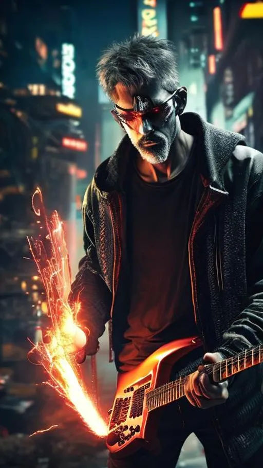 Prompt: A cyberpunk man with a grey goatee beard playing a Stratocaster with fire in the background