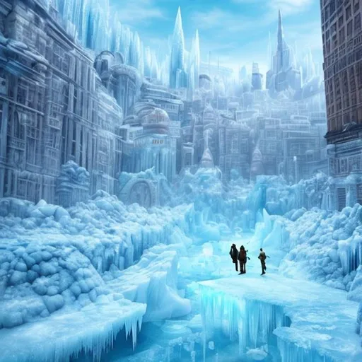 Prompt: I need a frozen city a big citywith crysccrabers thats its completyley frozen becasue of ice age
