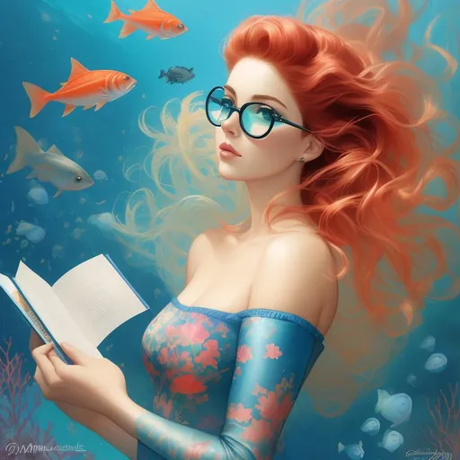 Prompt: A  beautiful mermaid, gradient ombre reddish hair, under the sea, with a perfect tail, using Fancy cat eyes specs and reading a book. There's fishs and other marine life around her. Art by Daniel Gerhartz, Martine Johanna, artgerm, James jean. Best quality, super clear resolution, cinematic quality.