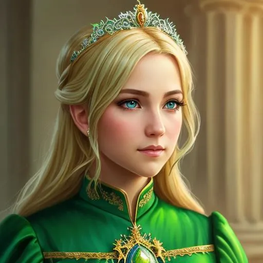 Prompt: beautiful girl, green silk dress bodice, blonde hair, green eyes, tiara, d & d, fantasy, intricate, elegant, highly detailed, digital painting, artstation, concept art, smooth, sharp focus, illustration