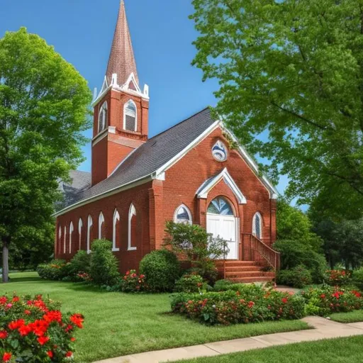 Prompt: A small brick church with a steeple, bushes and flowers in front, and trees grown in the yard. Viewed from an angle.
