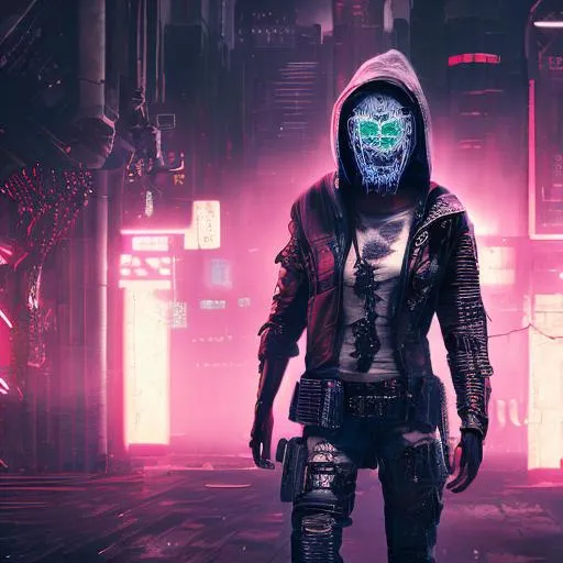 Prompt: Quality, detailed, 8k, cyberpunk bounty hunter, hooded figure, glowing mask, neon back lighting, air particles, heartbroken, dressed in white, beautiful, masterpiece