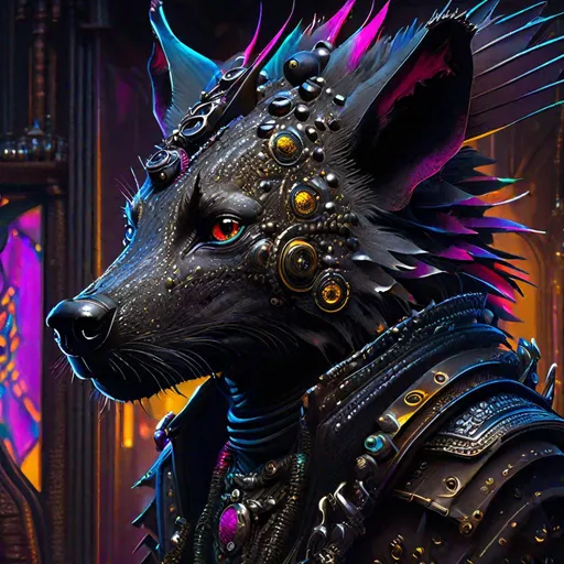 Prompt: "head and shoulder face portrait of a dragon hyena with tentacles wearing cyberpunk filigree tech-wear standing inside a dark gothic cluttered living space, Hyperrealistic, splash art, concept art, mid shot, intricately detailed, color depth, dramatic, 2/3 face angle, side light, colorful background"