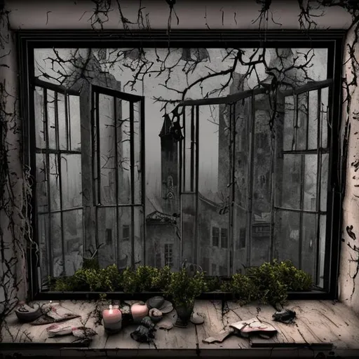 Prompt: make a macabre and gloomy in front of a window