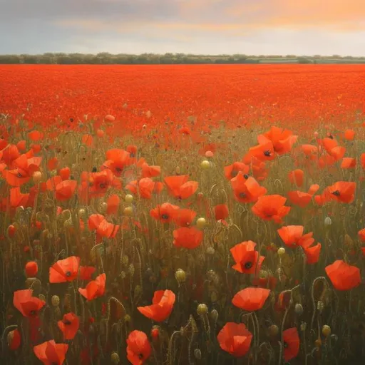 Prompt: a hyper detailed  pastel painting of a field of poppy in a horizon view
