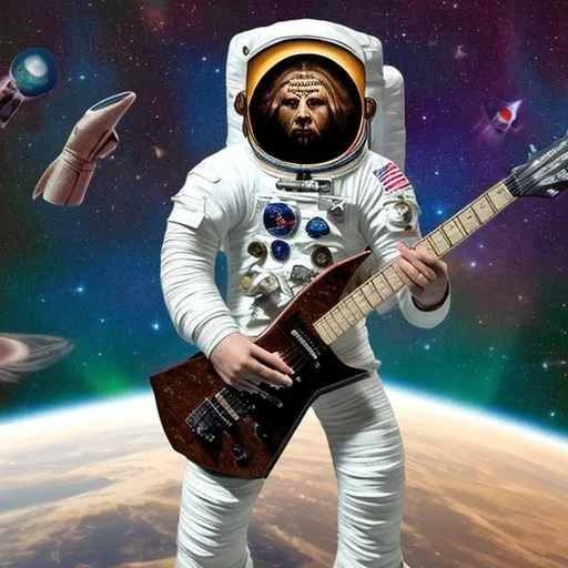 Prompt: actual photo of astronaut jesus playing alien guitar, surprise me