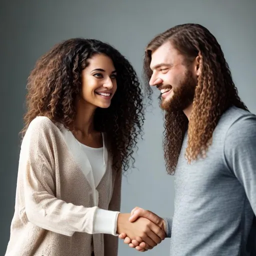 Prompt: Curly woman and straight hair man shaking hands. man has straight hair.