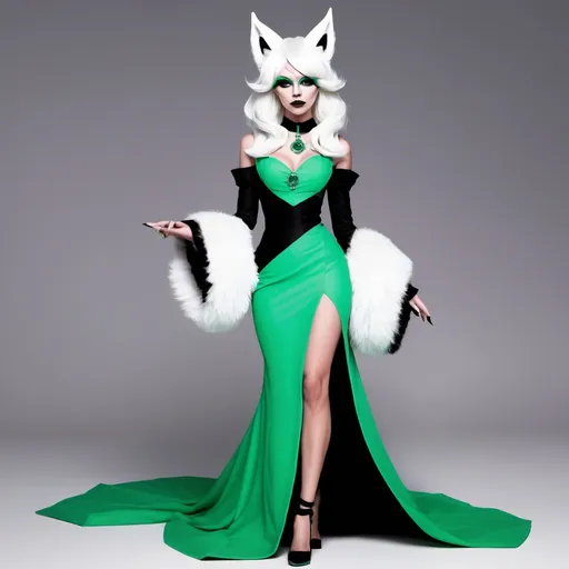 Prompt: Homestuck. Jade Harley.Fullbody view, plain background. Drag makeup, high quality render. Rupaul's drag race. Full view. full body photo, black and green dress, white wolf ears