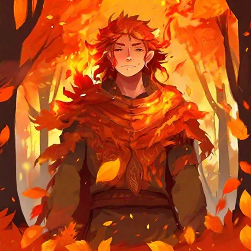 Prompt: (in dripping art style) Fireleaf, As the weather chills and leaves take on fiery hues, the spirit of this young indrik begins to stir. When a paladin of Jephre performs an act the God of Song and Forest finds worthy, it takes its shaky steps into the world, dripping with autumn fire and leaves, Masterpiece, Best Quality 