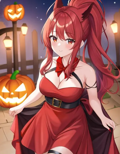 Prompt: Haley with bright red hair pulled back, Halloween, wearing a witch costume
