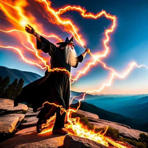 Prompt: a full body view of a wizard casting a powerful fire spell. The fire spell is beautiful but magical. A vast mountainous space in the background, with flames scorching the rocks. Americanised anime style. 