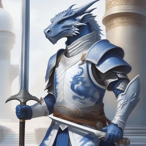 Prompt: A beautiful blue and white Dragonborn with no hair holding a greatsword, perfect composition, hyperrealistic, super detailed, 8k, high quality, trending art, trending on artstation, sharp focus, studio photo, intricate details, highly detailed, by Greg Rutkowski, illustration, watercolor