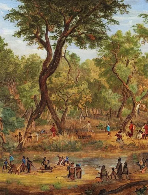 Prompt: A landscape painting of a tribe of colorful Native Americans around a forest of pecan tree’s next to a river by augusto ferrer-dalmau
