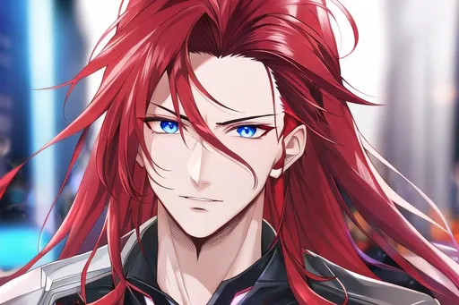 Prompt: Zerif 1male (Red side-swept hair falling between the eyes, sharp and sassy blue eyes), highly detailed face, 8K, Insane detail, best quality, UHD, handsome, flirty, muscular, Highly detailed, insane detail, high quality. cyberpunk