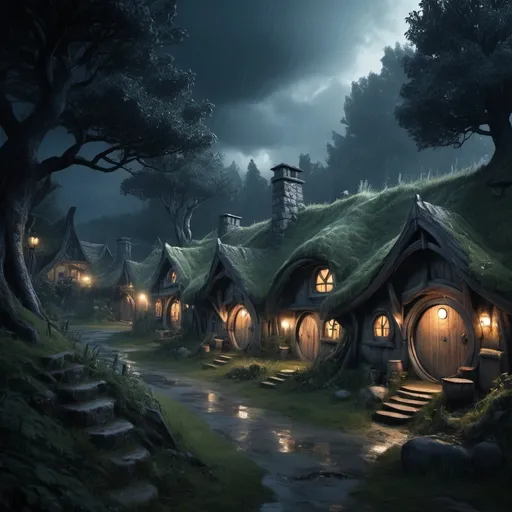 Prompt: Weathered, fantasy RPG style hobbit village in forest, various huts, high res, eerie atmosphere, dark mood, heavy rain, detailed structure, detailed foliage, various trees, high quality, detailed, RPG, fantasy, weathered, atmospheric lighting, dense foliage, diverse trees, rustic, dark blue tones, smoke from chimney, night, dramatic view, seen from distance