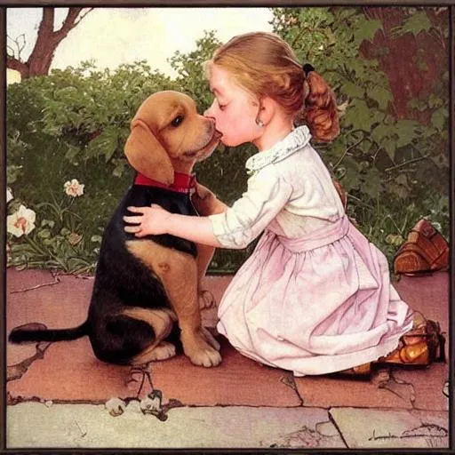 Prompt: Puppy love, by Norman Rockwell, young love, innocence, romance, puppies, adorable, cute, playful, youthful, nostalgic, detailed, heartwarming, traditional, colorful, whimsical, charming