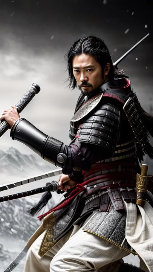 Prompt: Young Hiroyuki Sanada as a Samurai Photorealistic Overdetailed Portrait, Well Detailed face, Black and Gray (NO RED!) Robes and Armor, Black hair, Detailed Hands, Detailed Twilight Background, Intricately Detailed, Award Winning, Photograph, Film Quality.