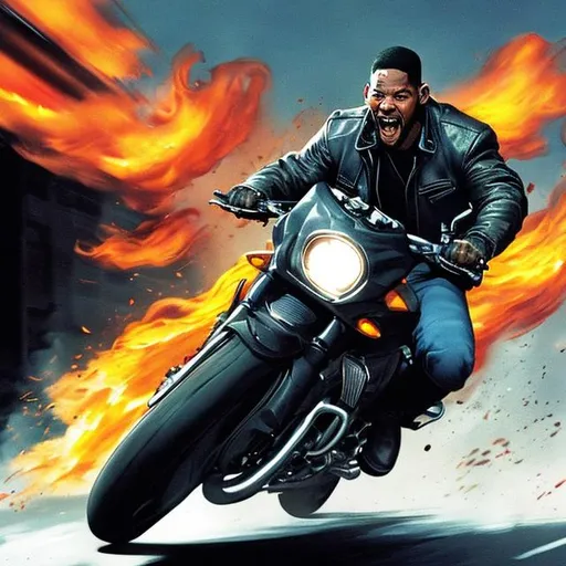 Prompt: A dynamic image of Mike Lowry played by Will Smith  engaged in a high-speed chase on a motorcycle, his leather jacket billowing in the wind. The expression on his face is a mix of exhilaration and concentration, showcasing his daredevil nature.
 illustrated in color by  Jim Lee