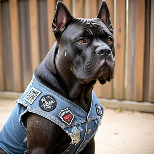 Prompt: Cane Corso wearing a heavy metal music denim vest with black metal patches 