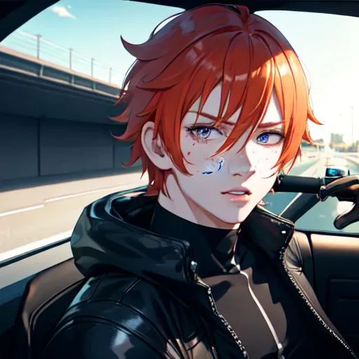 Prompt: Erikku male (short ginger hair, freckles, right eye blue left eye purple) muscular, riding a motorcycle. UHD, 8K, Highly detailed, wearing biker gear, driving on the freeway, close up, insane detail, best quality, high quality