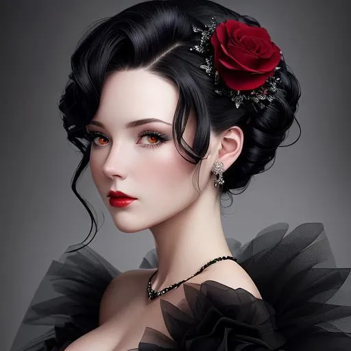 Prompt: Beautiful woman portrait wearing a black evening gown,  black hair, dark eyes, ruby jewelry,elaborate updo hairstyle adorned with flowers, facial closeup