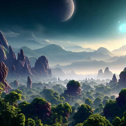 Prompt: A beautiful vista of a breathtaking, alien world, with a small town of short buildings and alien trees.