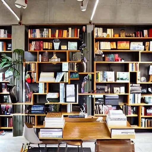 Prompt: a small bookstore that is chic, modern, but not too bright
