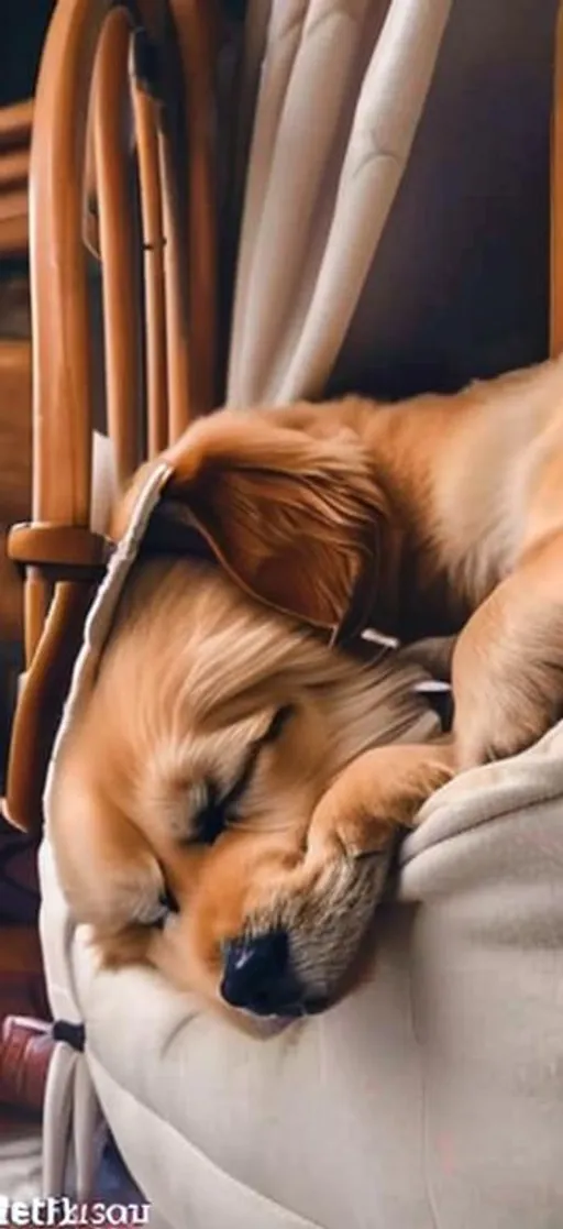 Prompt: Buddybrhe golden retriever puppy sleeping in his bed 