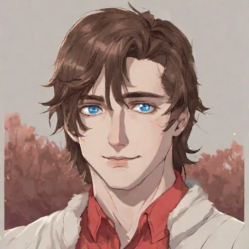 Prompt: A man with brown hair and blue eyes with a small smile, wearing a red shirt and a fox necklace