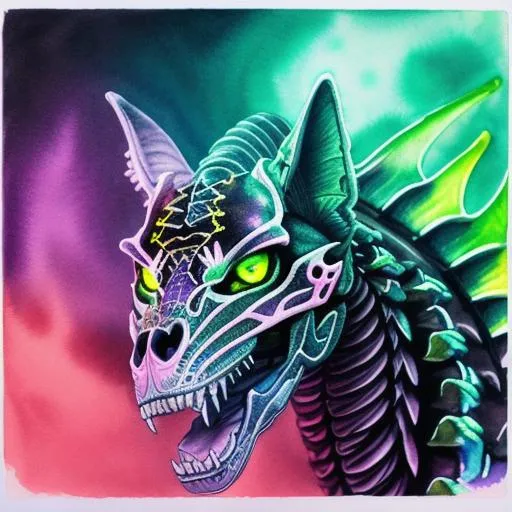 Prompt: portrait of a roaring neon skeleton dragon with fangs and iridescent black markings and a cute face, perfect composition, watercolor on paper with pencils, hyperrealistic, super detailed, 8k, high quality, trending art, trending on artstation, sharp focus, studio photo, intricate details, highly detailed