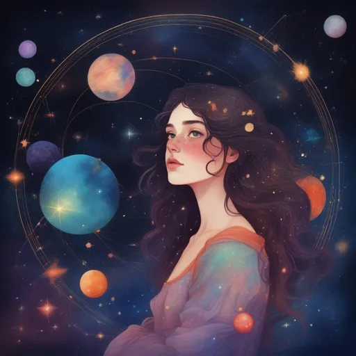 Prompt: Colorful and beautiful Persephone with brunette hair and light freckles, framed by constellations and stars and planets