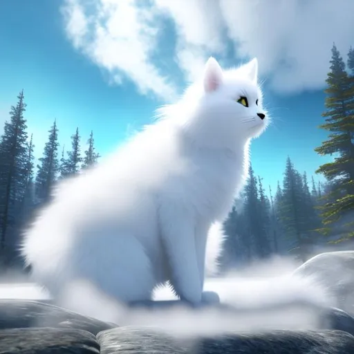 Prompt: Cute, white, windy fur, wind cat, possessing the element of wind and making circles of clouds and mist move around in the air in a magical way. Perfect features, extremely detailed, realistic, complimentary colors, misty forest background