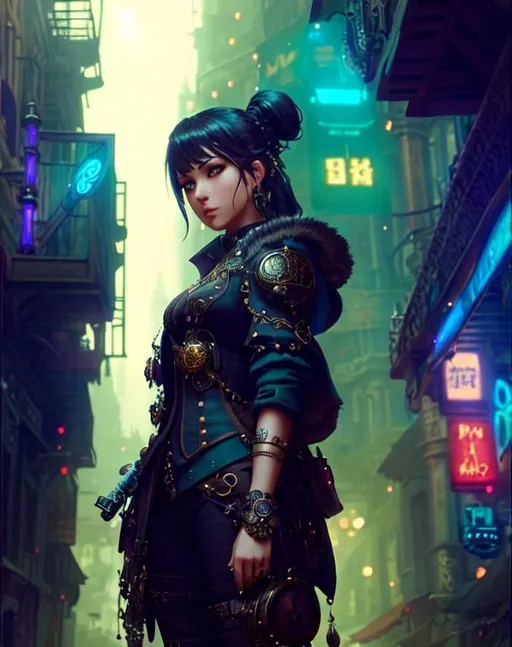 Prompt: steampunk art, front, wearing body accessories, epic Instagram, in a street ally, looking at viewer, artstation, hyperdetailed intricately detailed, unreal engine, fantastical, intricate detail, splash screen, complementary colors, fantasy concept art, 8k, deviantart masterpiece, oil painting, heavy strokes, splash arts
