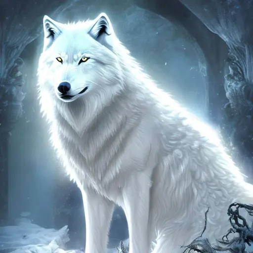 Prompt: Fantasy majestic white wolf king