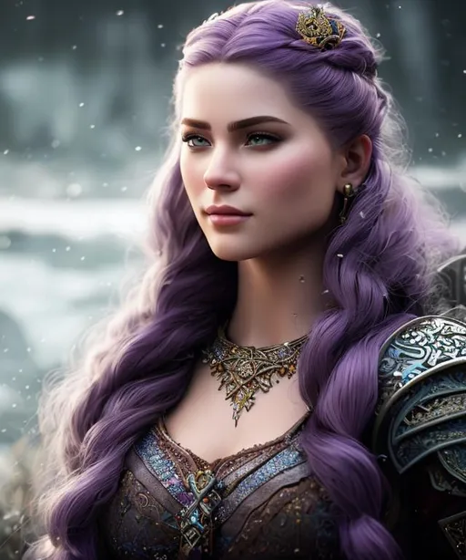 Prompt: create most beautiful fictional female viking princess warrior, dark purple hair, extremely detailed environment, detailed background, intricate, detailed skin, professionally color graded, photorealism, 8k, moody lighting