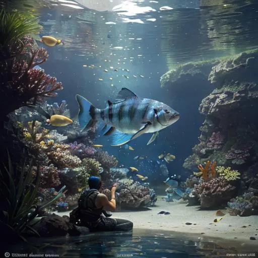 Prompt: An big aquarium filled with blue fishes and many, many sea animals, extremely detailed, realistic, cute, Krenz Cushart + loish +gaston bussiere +craig mullins, j. c. leyendecker +Artgerm. 