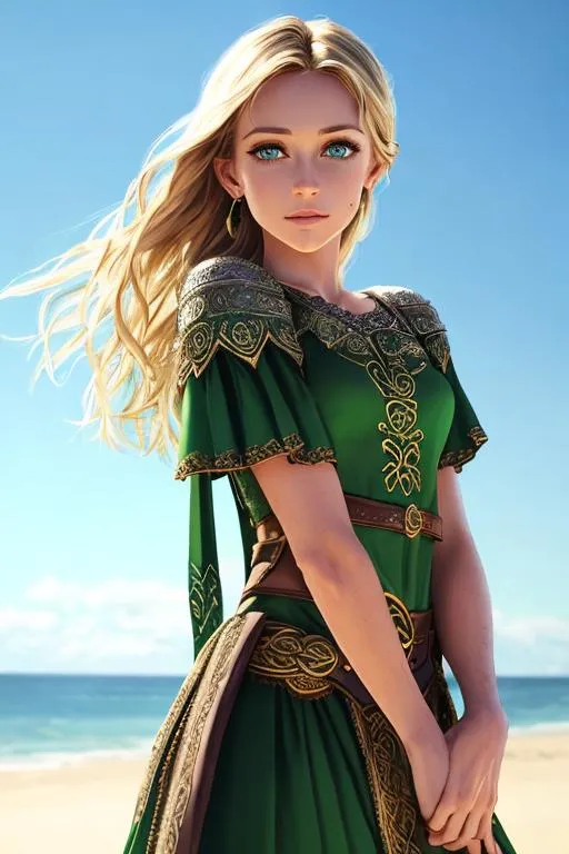 Prompt: dress celtic, princess , green eyes, green, queen, young, realistic, look like , child hilary duff, 

young realistic, look like
, almost nothing, skin highlights, hair highlights, ((perfect sweaty)), blushing, movie scene,  wonderful face, very detailed face, extremely detailed face, highly detailed face, soft, 
perfect face, perfect red eyes, perfect teeth, perfect body, perfect anatomy, beautiful body, {{full body}}, photorealistic, masterpiece, cinematic, 16k artistic photography, epic, drama, , beauty, 
cinematic lighting, dramatic lighting, insanely detailed, soft natural volumetric cinematic lighting, award-winning photography, rendering, hd, high definition, 
highly detailed, 