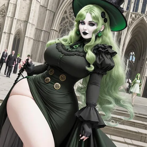 Prompt: large woman in formal attire on gothic cathedral walkway, busty, green hair, large hat, buttons, mom, black dress, pale skin, long hair, green lipstick