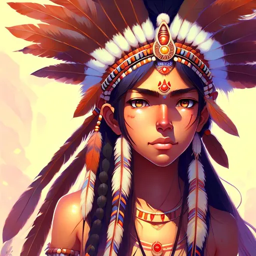 Prompt: 24mm full body portrait of a  indian chief smooth soft skin, big dreamy eyes, beautiful intricate colored hair, symmetrical, anime wide eyes, soft lighting, detailed face, by makoto shinkai, stanley artgerm lau, wlop, rossdraws, concept art, digital painting, looking into camera
