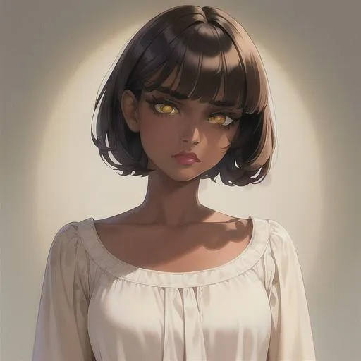 Prompt: (masterpiece, illustration, best quality:1.2), wearing a white silky nightgown, brown skin, mad face, detailed eyes, medieval style, short straight hairstyle, black hair, devilish like yellow eyes, black eyelashes, best quality face, best quality, best quality skin, best quality eyes, best quality lips, ultra-detailed eyes, ultra-detailed hair, ultra-detailed, illustration, colorful, soft glow, 1 girl