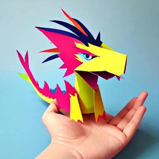 Prompt: paper dragon hand puppet from tiktok, creative paper craft, colorful