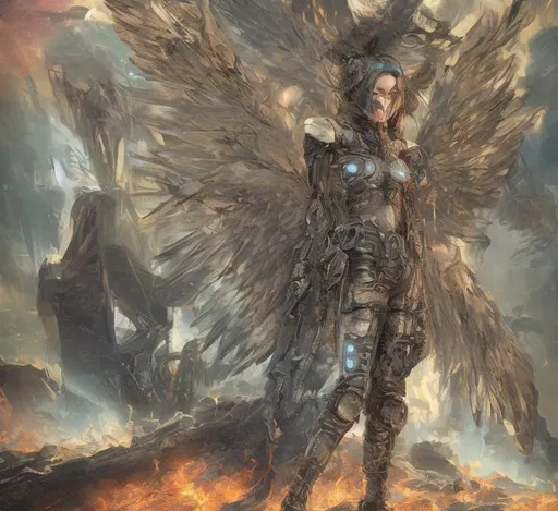 Prompt: Cyberpunk angel in a wasteland of fire and ice


