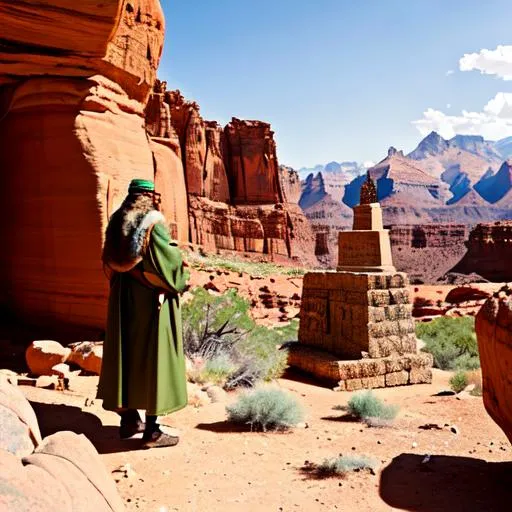 Prompt: A tall old tan man and a young tan boy wearing ancient primitive hebrew fur clothes in a rocky desert mountain, with a large stone altar. short hair, green eyes, long beard.