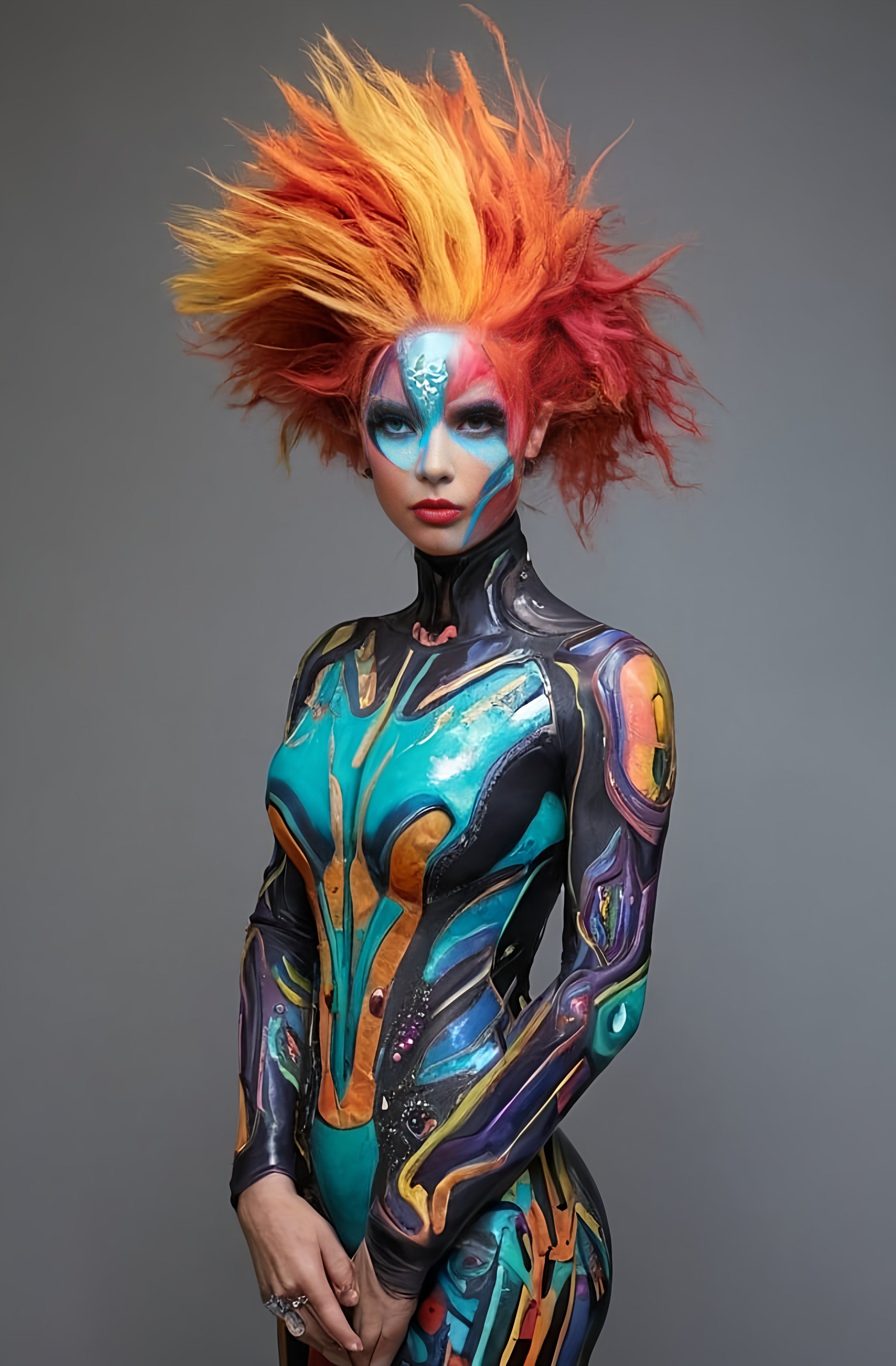 Prompt: a woman with a colorful hair and body paint posing for a photo in a body suit with a futuristic design