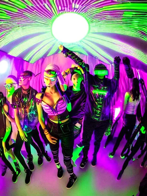 Prompt: Futuristic galactic high tech 90’s rave culture alien  teen raver techno warehouse dance club party 