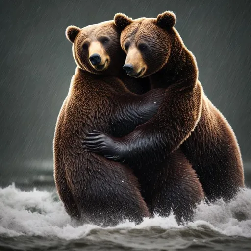 Prompt: two bears hugging in a storm, 8K ultrarealistic
