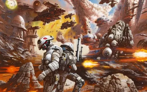 Prompt: phaser, dead, battle, action, war, spaceship, wreck, oil painting, hd quality, UHD, hd , 8k, hyper realism, panned out view resolution, spaceman, ancient, laser, explosion, many colours, spacewar, saucer, ice planet, rotting, rust, pew pew, beam, fire, explosion, dead planet, firepower, robots, zombies,